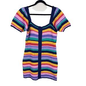 Farm Rio Renata Crochet Mini Dress Womens Size M *ALTERED Stripes Boho Handmade